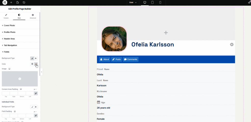 Ultimate Member Elementor profile builder widgets in use