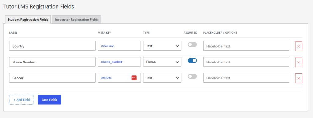 Registration Fields Settings