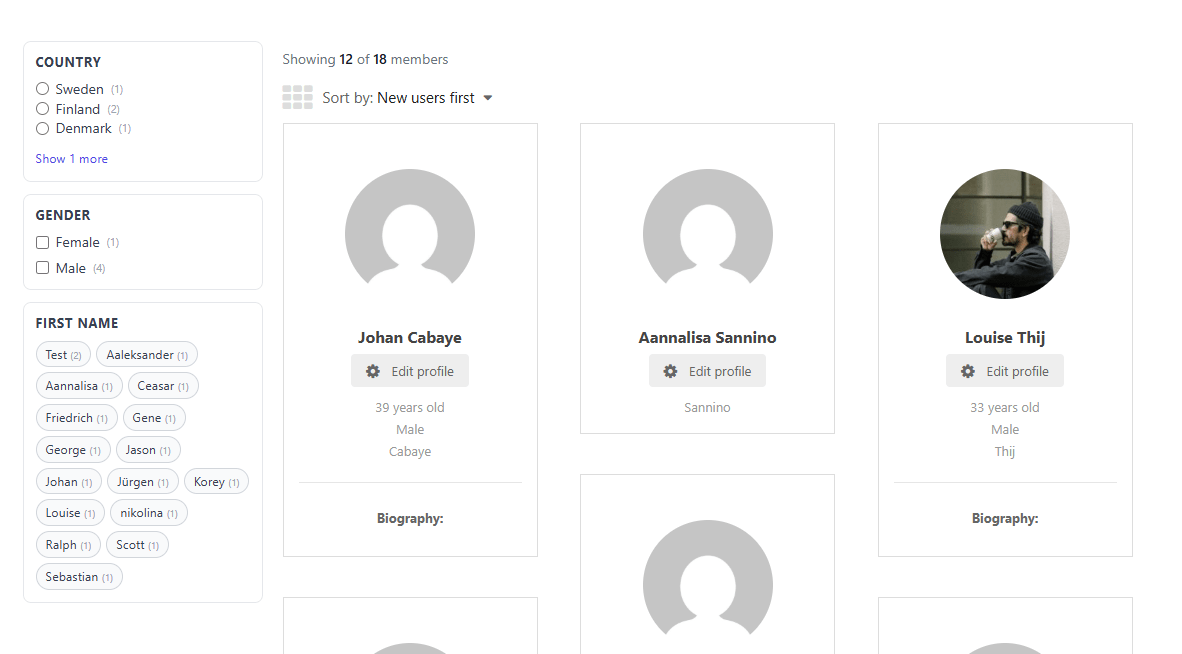 UM Faceted Search showing member directory with Country, Gender, and First Name filters on the left, and member profile cards on the right