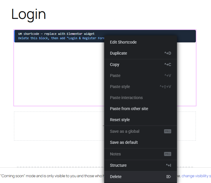um elementor delete default login widget