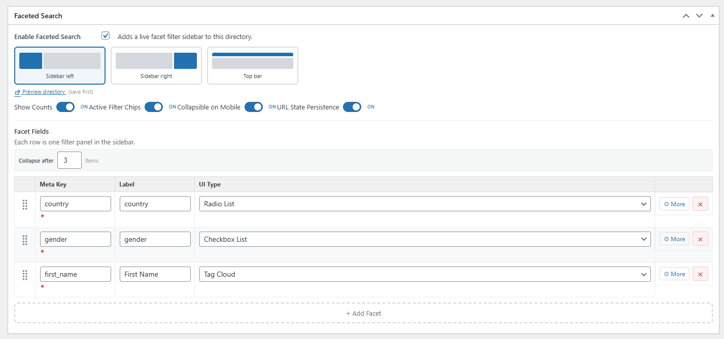 Member directory with UM Faceted Search active — Country, Gender, and First Name filters on the left sidebar, member profile cards on the right