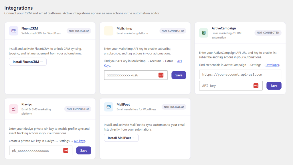 Connecting Mailchimp to WooCommerce in the CartCue integrations settings.