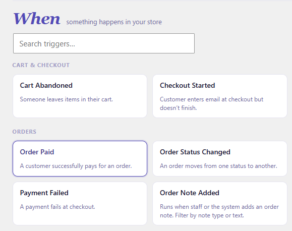 Selecting the Order Paid trigger in CartCue to start a WooCommerce review request automation.