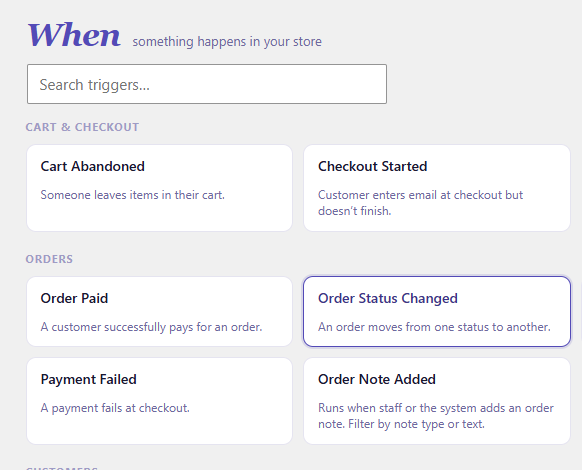 Setting the WooCommerce Order Status Changed trigger to Completed for a shipped email.