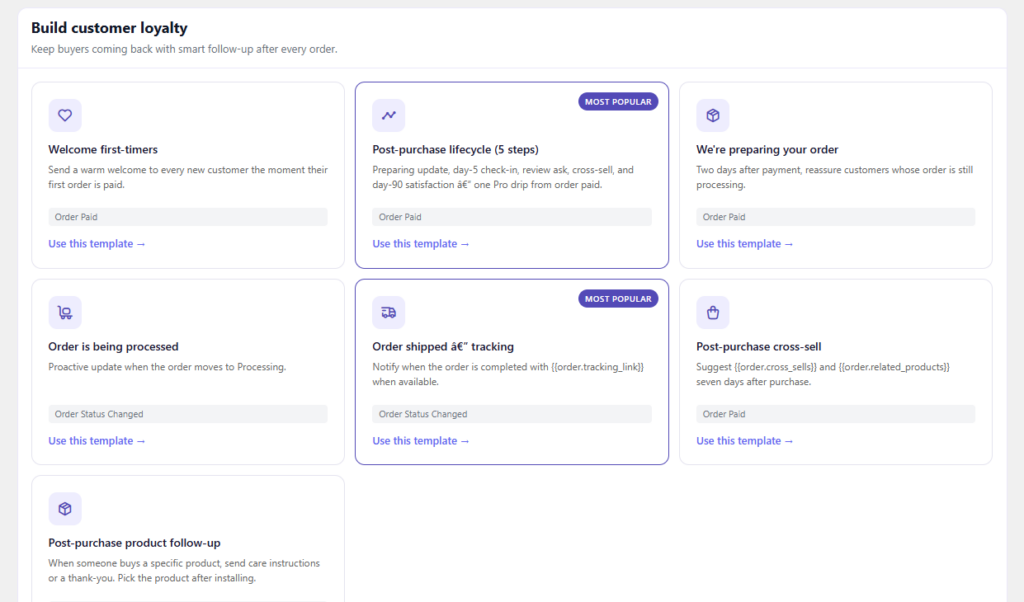 CartCue order status update recipes for WooCommerce: preparing, processing, and shipped.