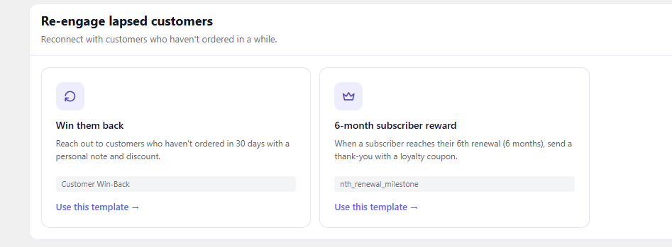 The 'Win them back' recipe in CartCue for re-engaging inactive WooCommerce customers