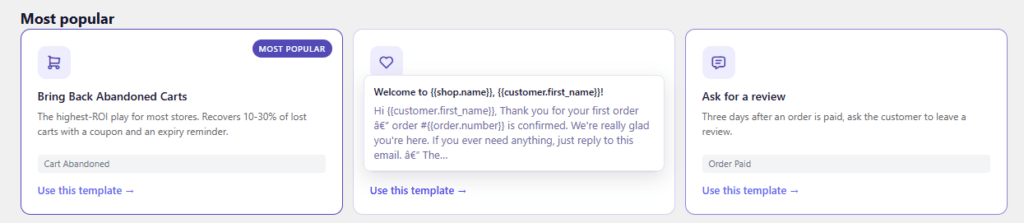 The 'Ask for a review' template in the CartCue automation library for WooCommerce.