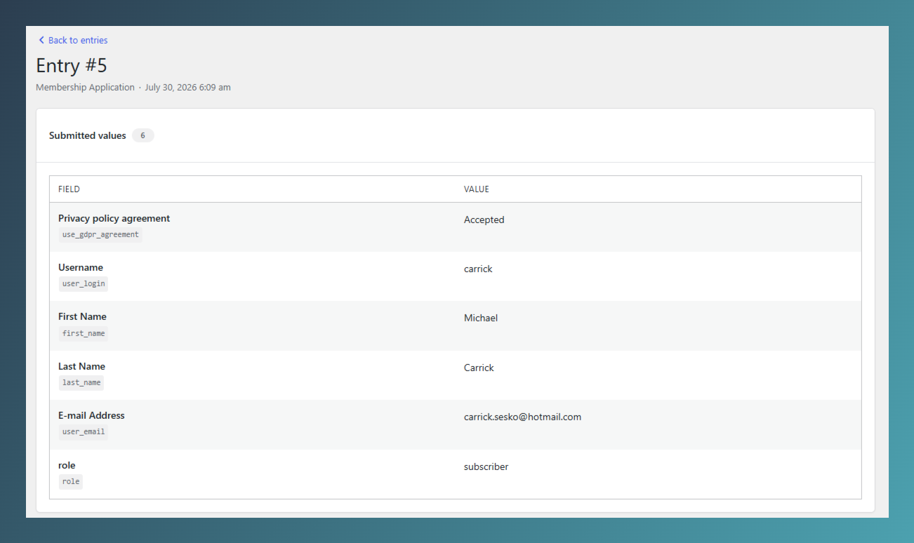Ultimate Member Form Entries field diff showing before and after profile values
