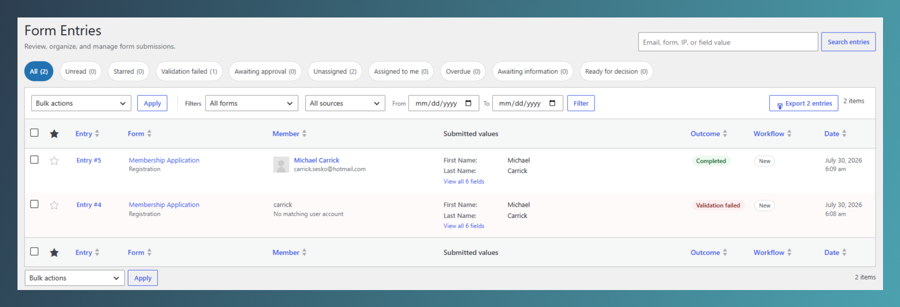 Form Entries admin list with filtered views, search and review status columns